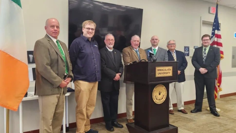 Researchers gather for a press conference to talk about their findings about a mass graveside in Downingtown.
