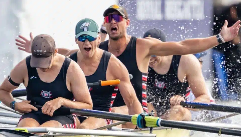 Luke Putter (in this Eagles hat) and his teammates on the water at the Henley Royal Regatta.