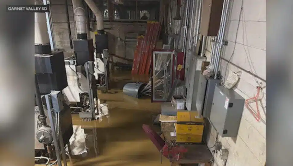 The flooded electrical system room at Garnet Valley High School.