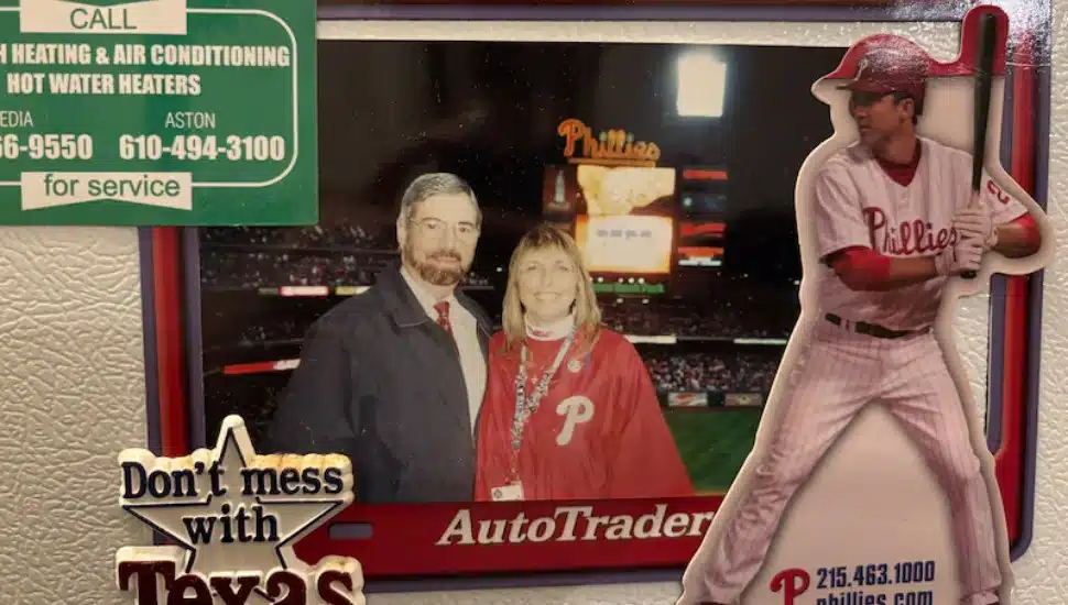 Greg Grillone and his wife, Debra Bruner, at Citizens Bank Park in 2008. The two met at Veterans Stadium.