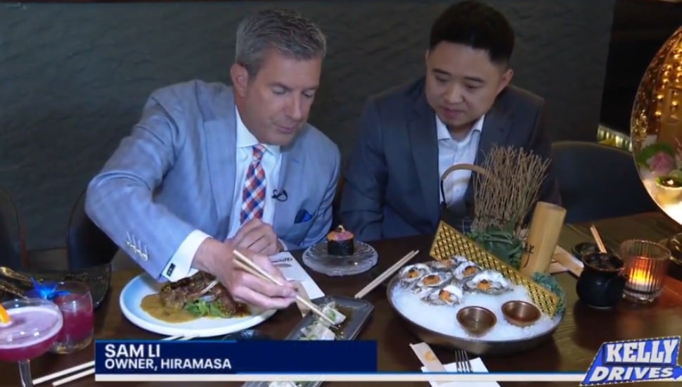 Fox 29's Bob Kelly samples some dishes from Hiramasa with restaurant owner Sam Li.