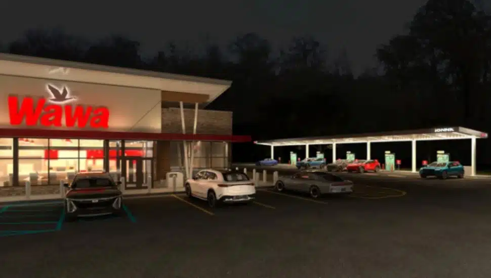 A night time rendering showing IONNA charging stations added to a Wawa store.