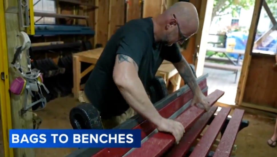 A JAHACO employee makes tables and benches from plastic bags.