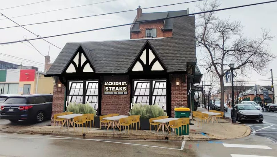 A rendering of the exterior sign and seating at the forthcoming Jackson St. Steaks.
