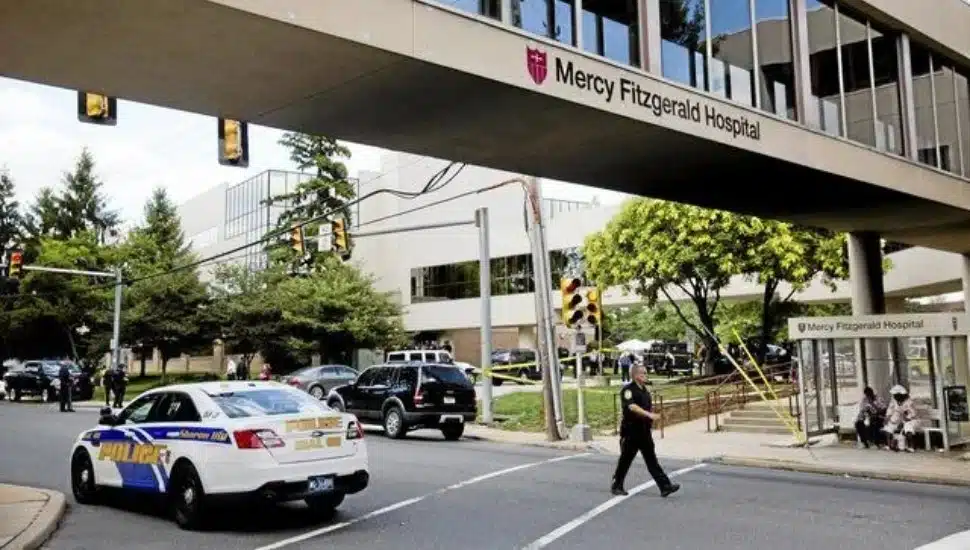 Mercy Fitzgerald Hospital in Darby at Lansdowne Ave. with the pedestrian bridge above.