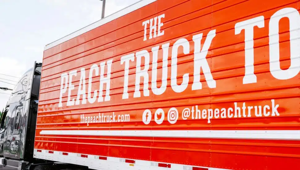 The Peach Truck making stops along a 10-city tour to deliver peaches.