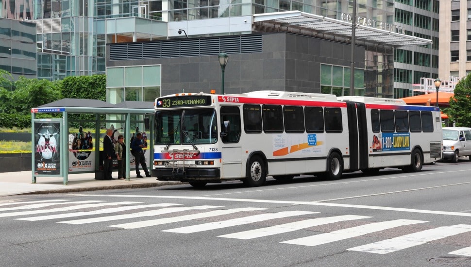 A SEPTA bus at a bus stop in the city of Philadellphia.
