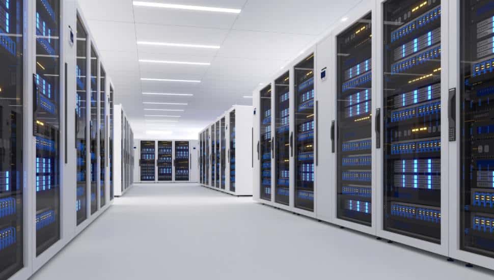 A corridor with main frame computers lined up.