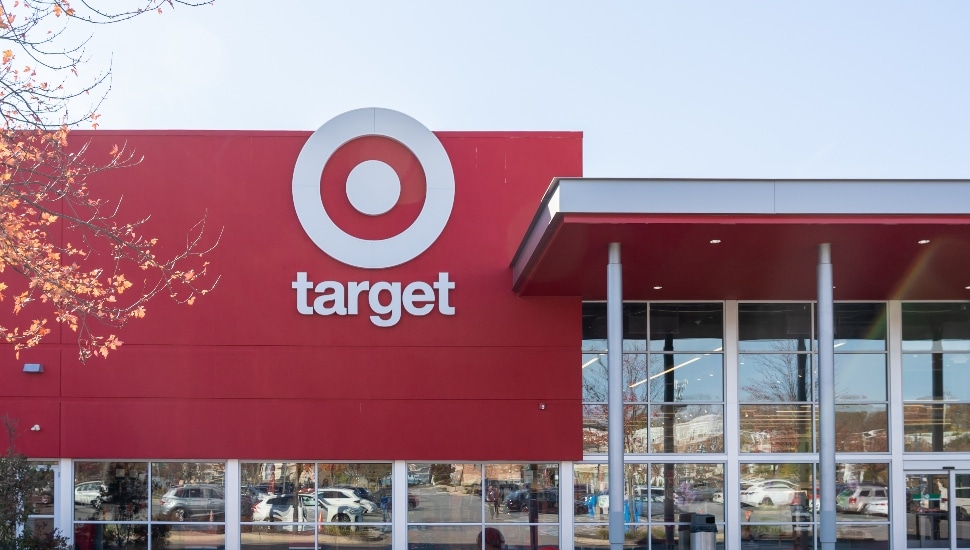 The exterior of a Target store with the store logo in sight.