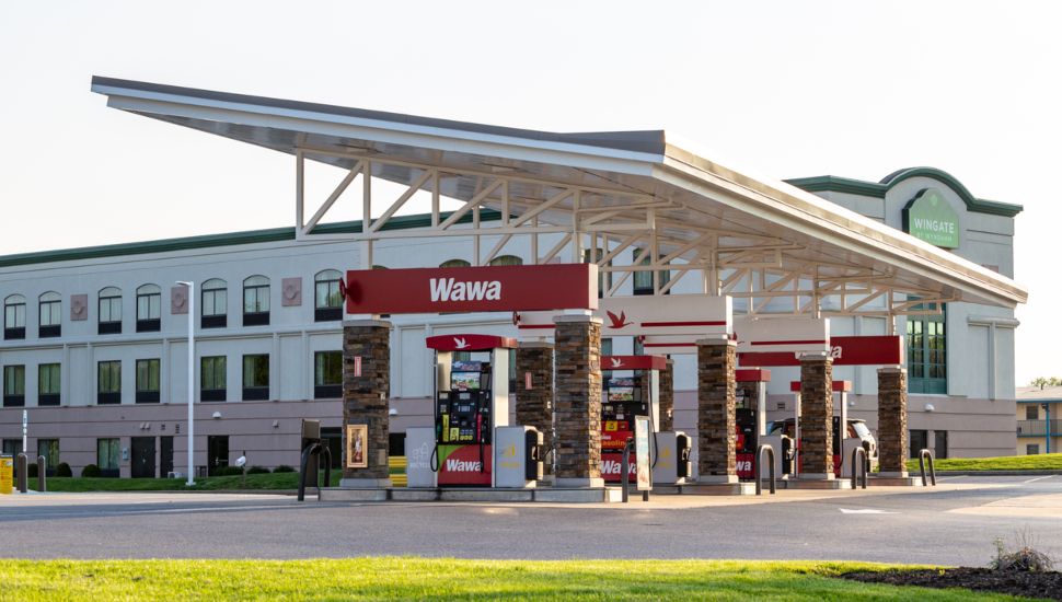A Wawa store with gas pumps.