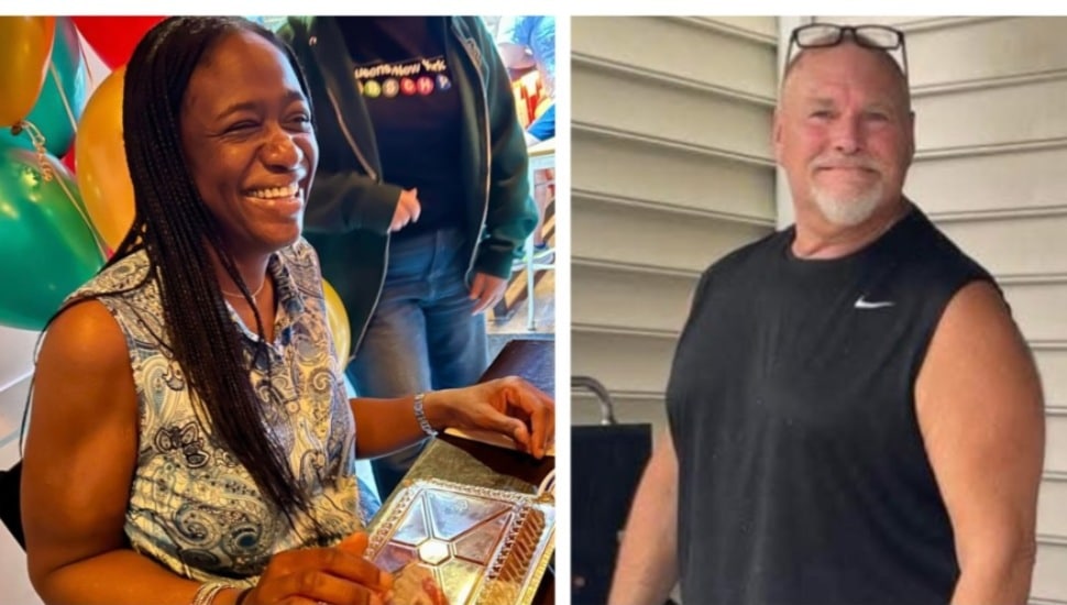 Drexel Hill resident Juliette Warren, a blind marathon runner who hosted a barbecue for 45 people with disabilities got some last-minute help from Steve Kitchens (right).