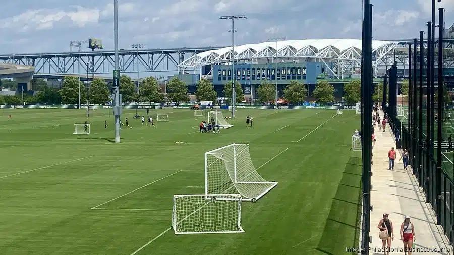 An aerial view of the WSFS Bank Sportsplex at the Chester waterfront. Subaru Park is next to it on the right.
