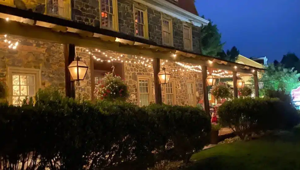 The outside of Brandywine Prime in Chadds Ford, lit up at night.