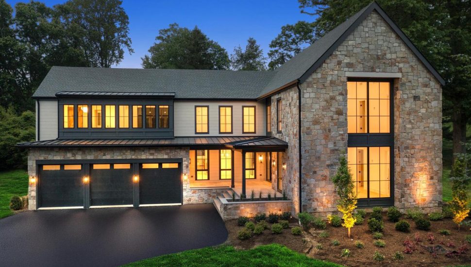 A night-time view of a contemporary for sale at 913 Drexel Lane in Bryn Mawr.