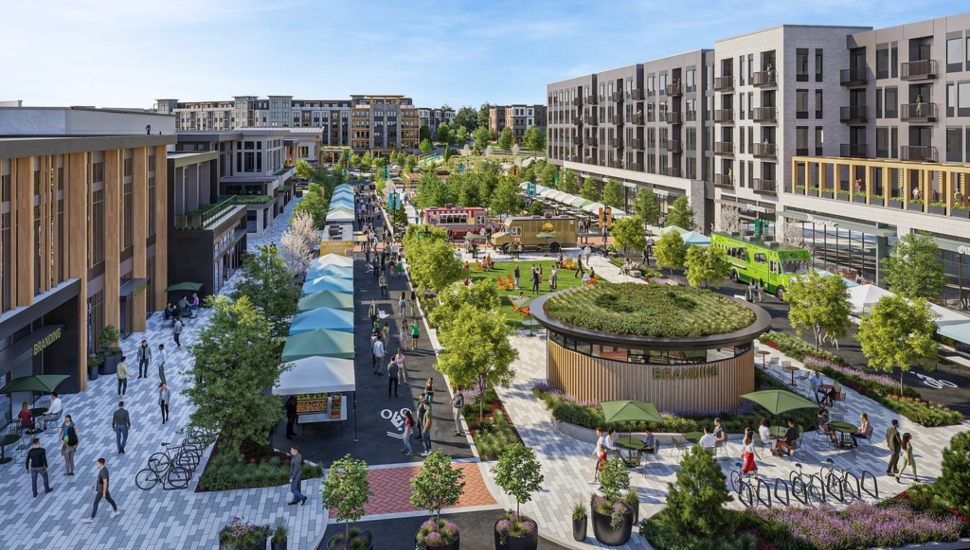 A rendering showing an aerial view of the Exton Mall development plans.