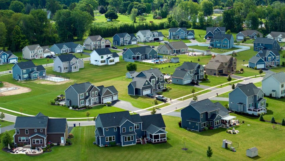An aerial view of a housing community.