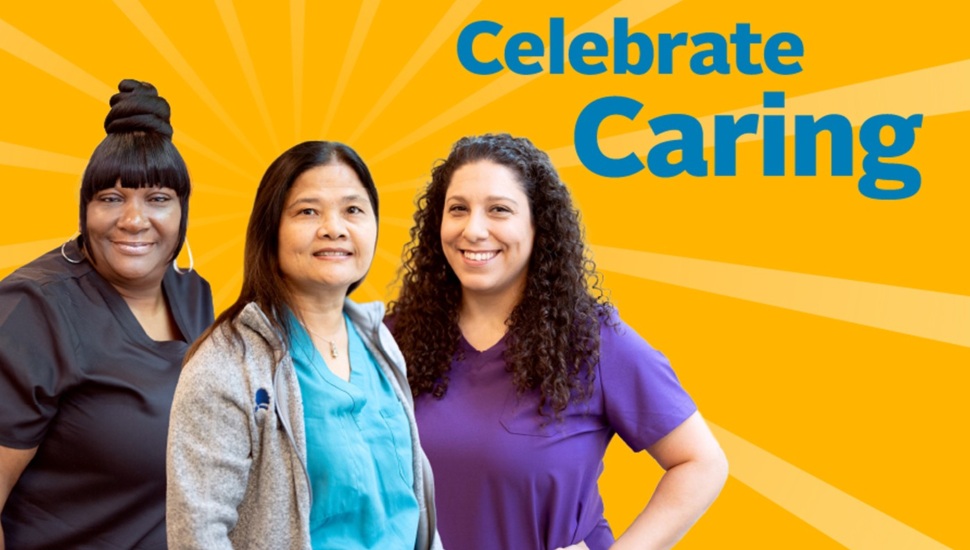 Three female nurses smile on Celebrate Caring graphic.