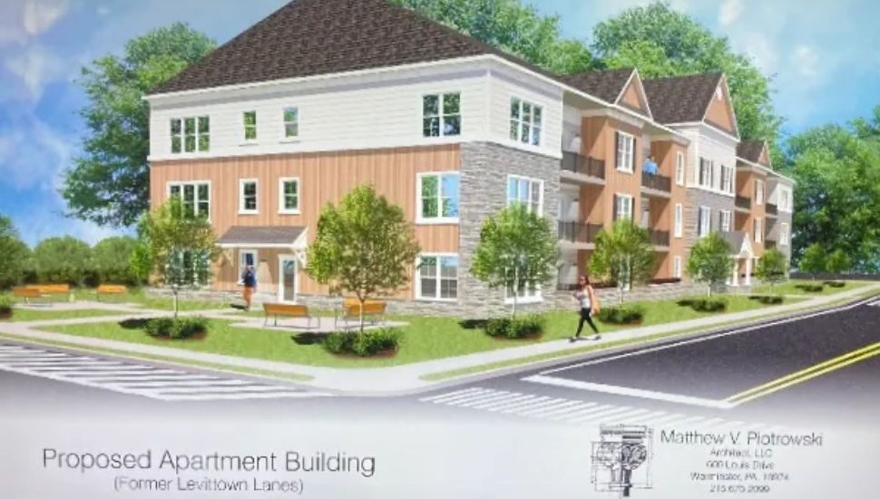A rendering of the Levittown Lanes apartment building.
