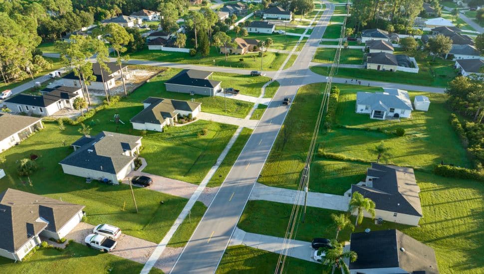 An aerial view of a neighborhood of homes.