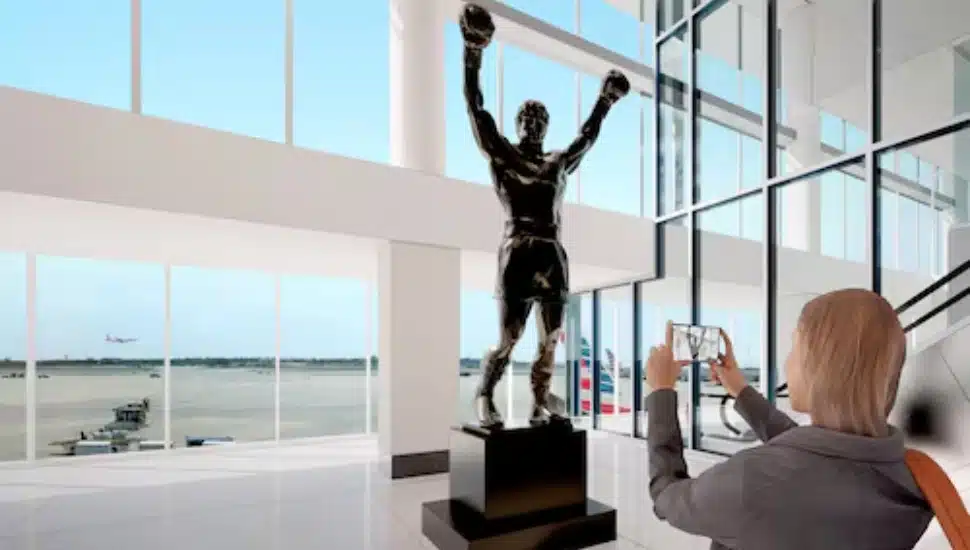 Person taking photo of Rocky statue.