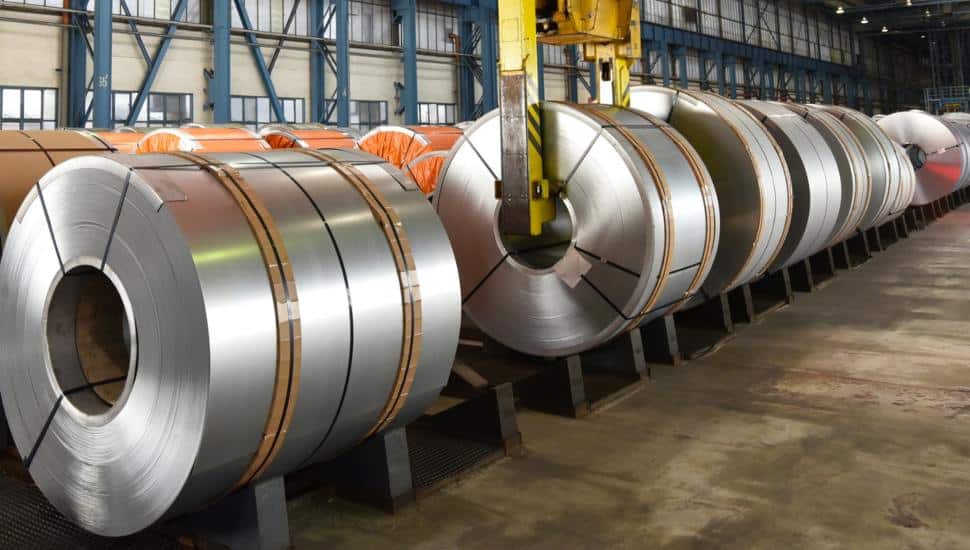 Cylinders of steel at a steel mill.