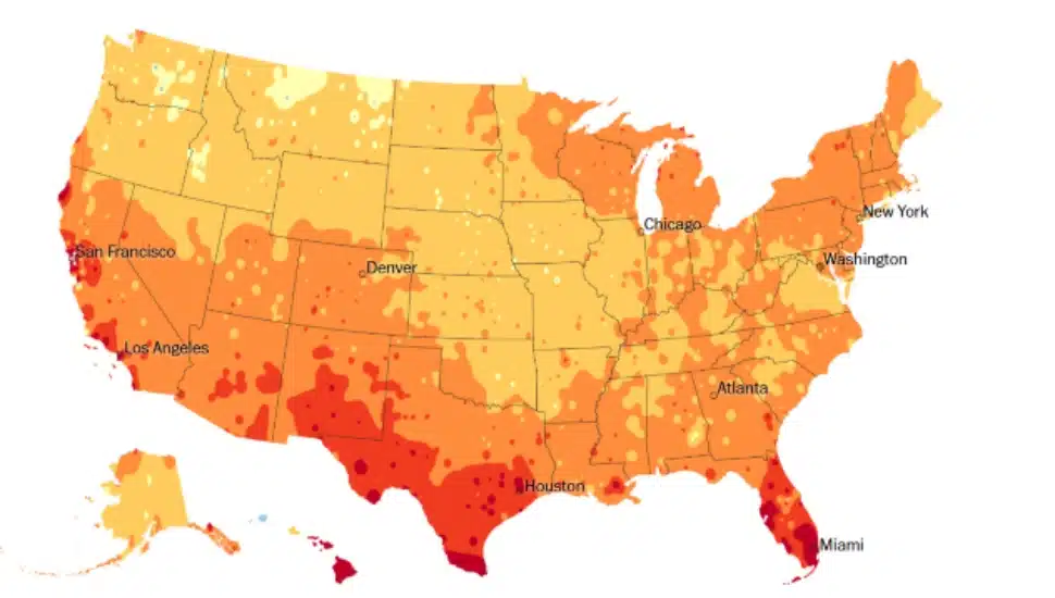 A heat map of the United States showing the change in the length of summer over time.