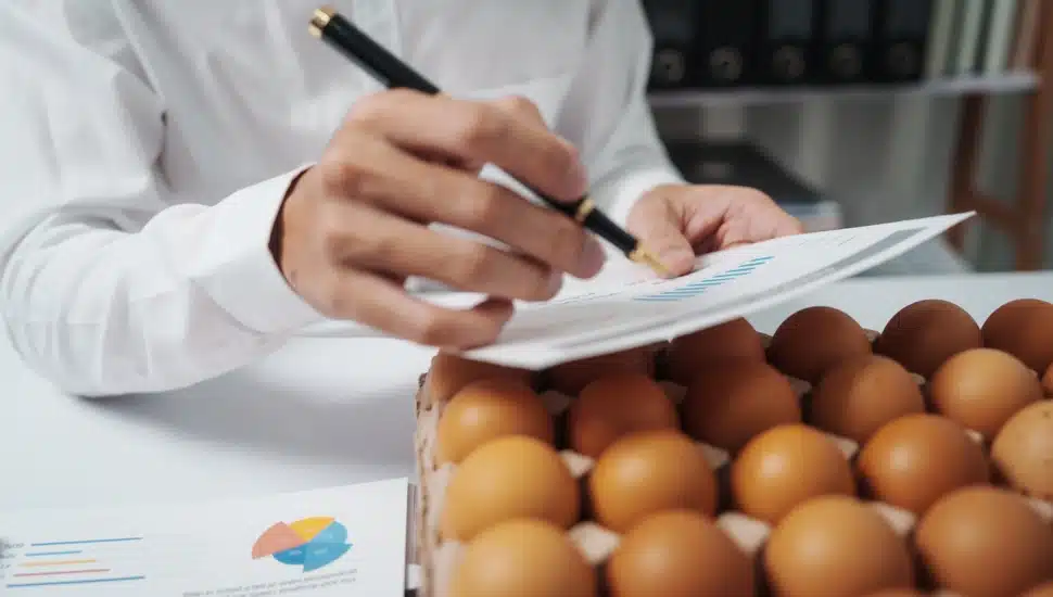 An inspector checks on the condition of some eggs.