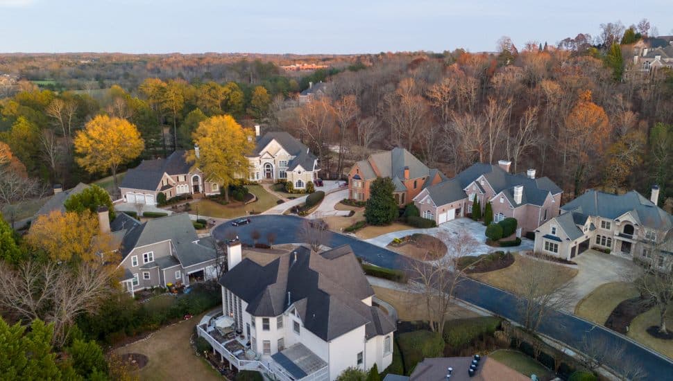An aerial view of a mansion.