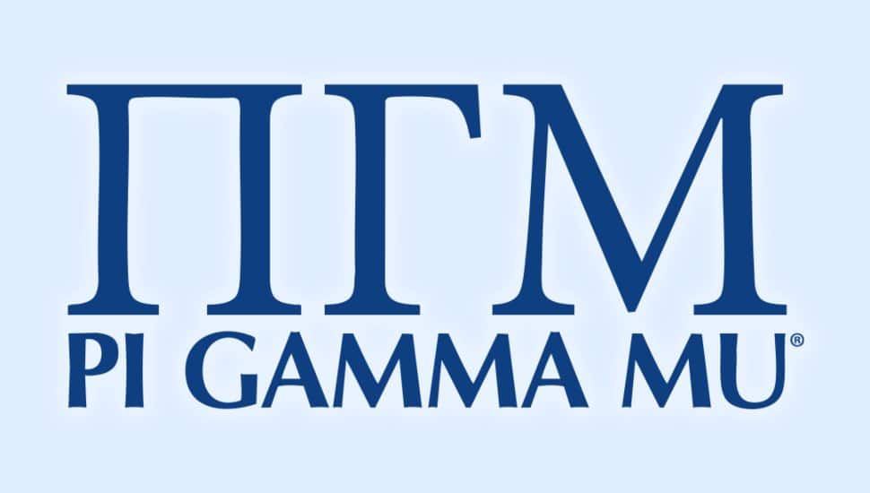 Pi Gamma Mu logo in blue text on a light blue background.