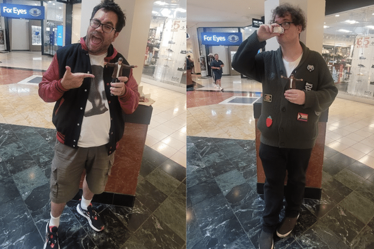 Friends Mike Fenn, left, and Jon Slosser at one of the 16 Philadelphia-area malls they toured Saturday.