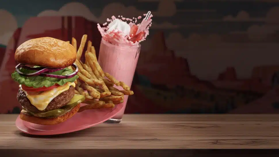 A cheeseburger and a strawberry milkshake.