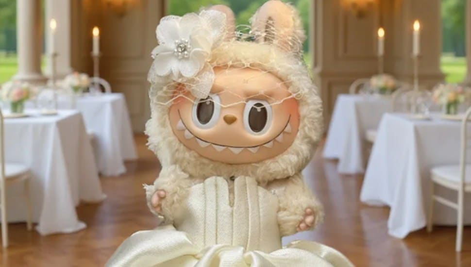 A David's Bridal custom wedding gown for the plush toy, Labubu,