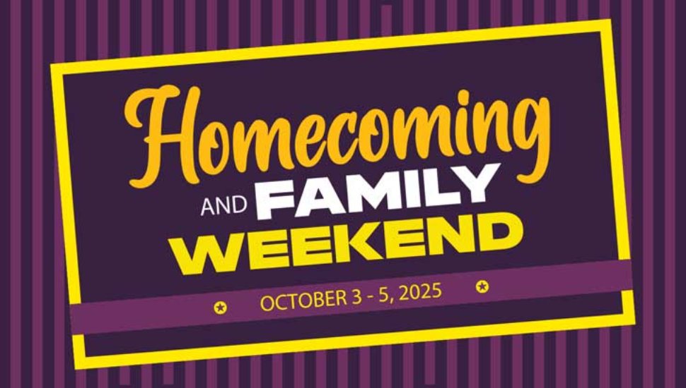Purple and yellow promotional banner for WCU Homecoming and Family weekend.