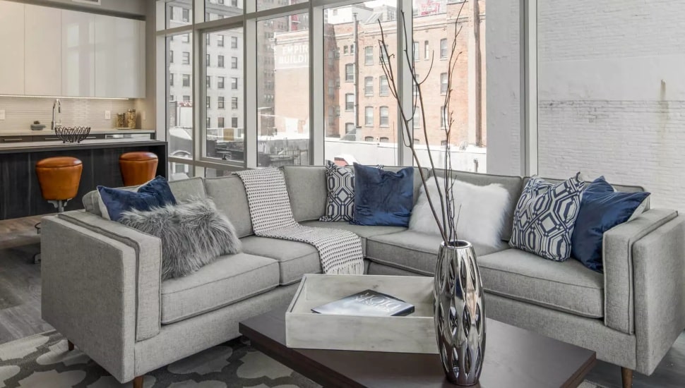 The living room and kitchen of a Philadelphia apartment.