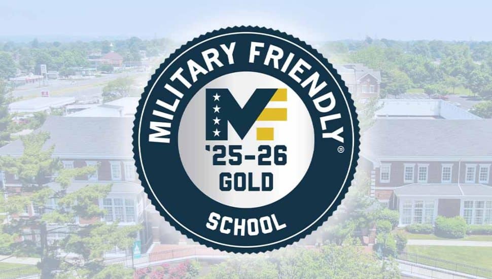 Military Friendly School 2025–2026 Gold-Level badge displayed over a Wilmington University campus background.