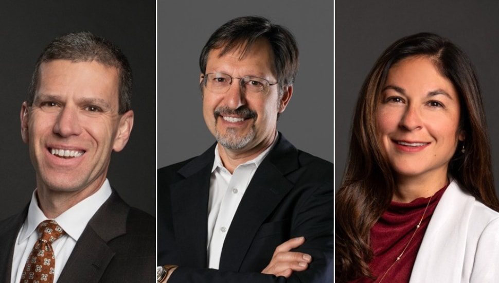 Headshots of two male and one female corporate executive.