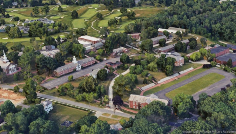 An aerial view of the 70-acre Wayne campus for Valley Forge Military Academy and College.