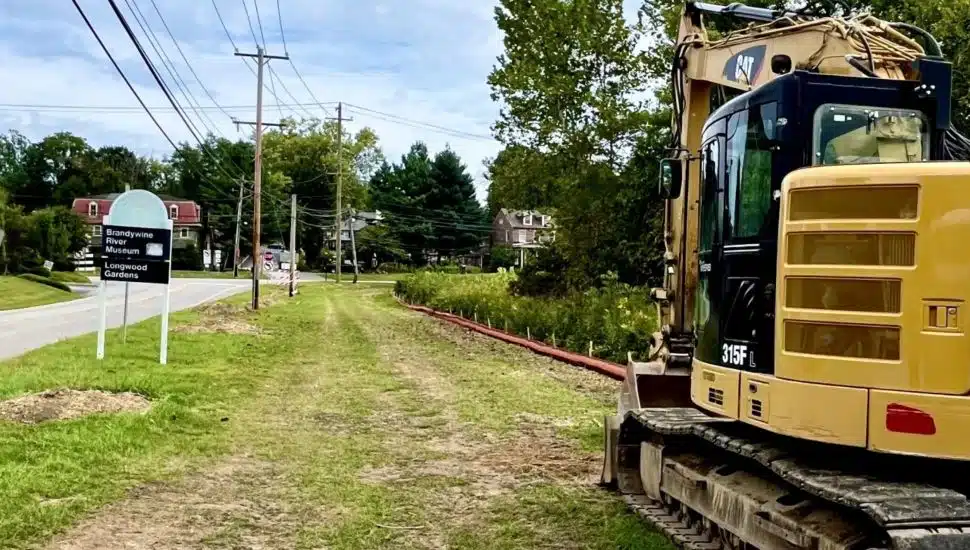 An idle bulldozer is testament to work underway on the Walkable Chadds Ford Project.
