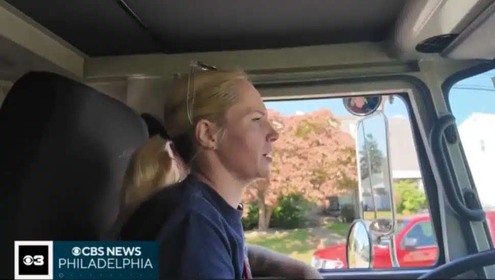 Sarah Hayne driving a fire truck in Parkside.