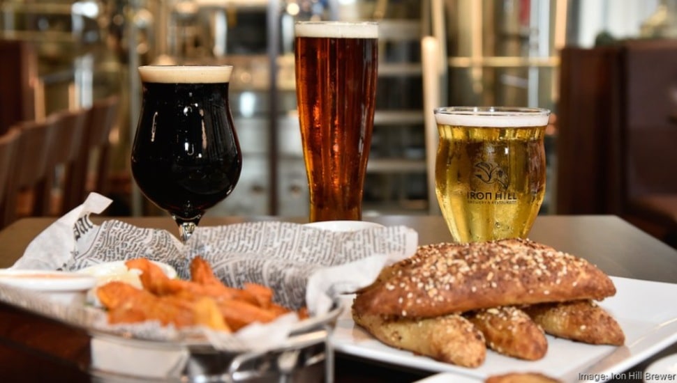 Three different craft beers and some appetizers at Iron Hill Brewery.