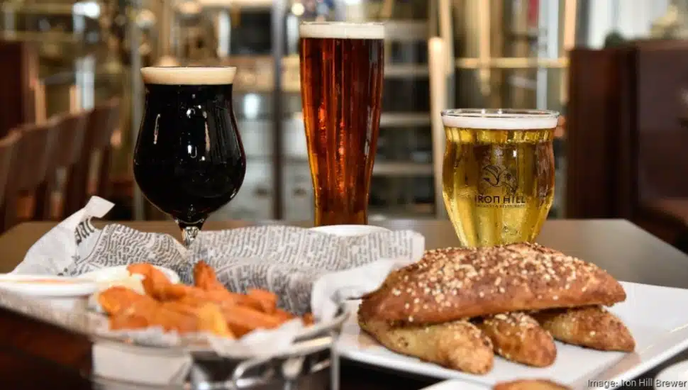 Three different craft beers and some appetizers at Iron Hill Brewery.