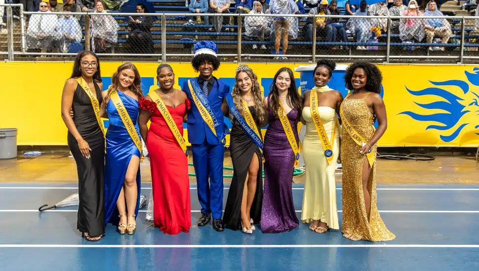 The Widener University 2025 Homecoming Court - (from left) Tavia Fair, Amanda Rappa, Tamiya Anderson, Rashem Bryant, Maritza Garcia, Saleeth Ulloa Lasso, Aniya Moore, and Nyla Hyman.