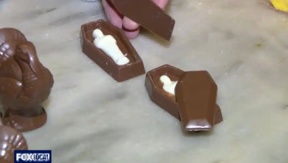 A chocolate coffin, a Bevan’s Halloween candy tradition. Nearby, is the popular solid chocolate turkey for the upcoming Thanksgiving holiday.