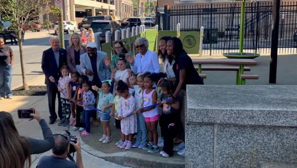 Children, parents and officials gather at the new pocket park outside York City Police headquarters.