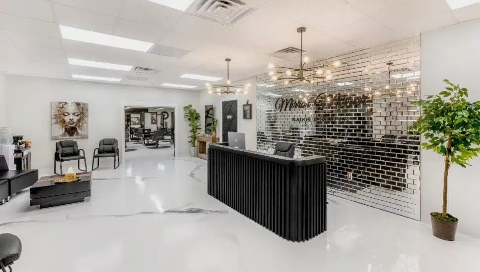 The interior of the reception area at Mirror Mirror Salon & Suites.