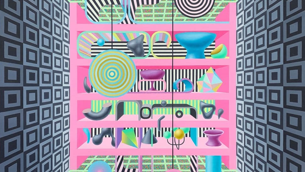 Jaime Brett Treadwell’s vibrant geometric oil-on-wood painting on display in the Dimensions exhibition at Delaware County Community College’s Art Gallery, Marple Campus.