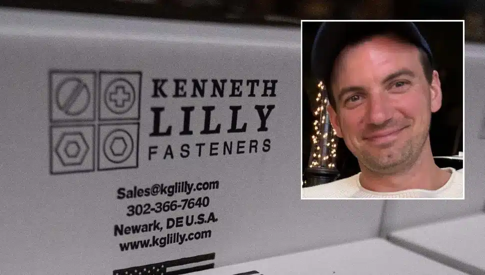 Box of fasteners with headshot of middle-aged man inset.
