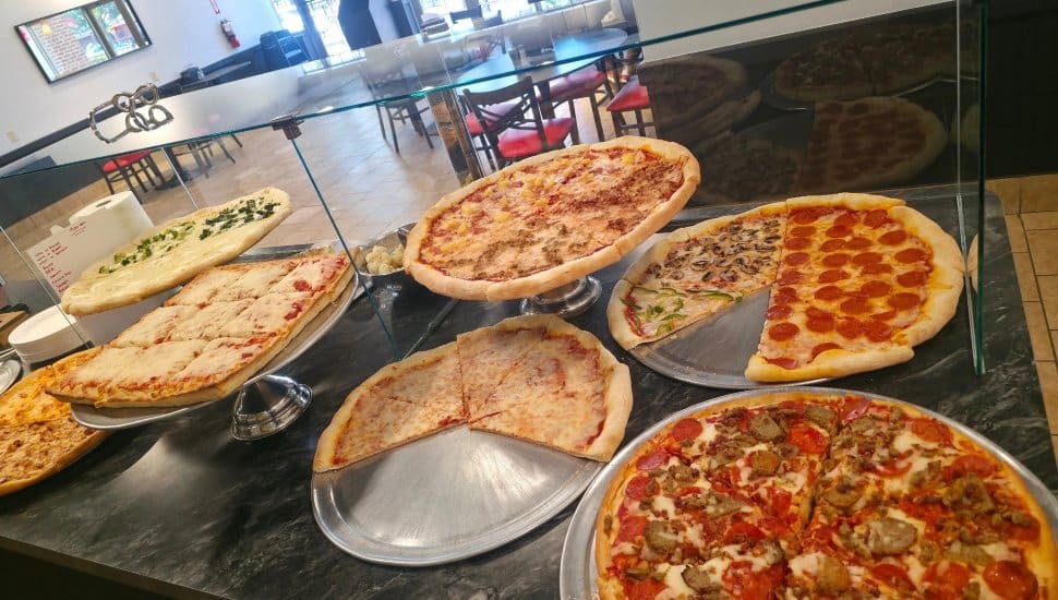 Pizzas on display at Lil' Dom's Pizzeria.