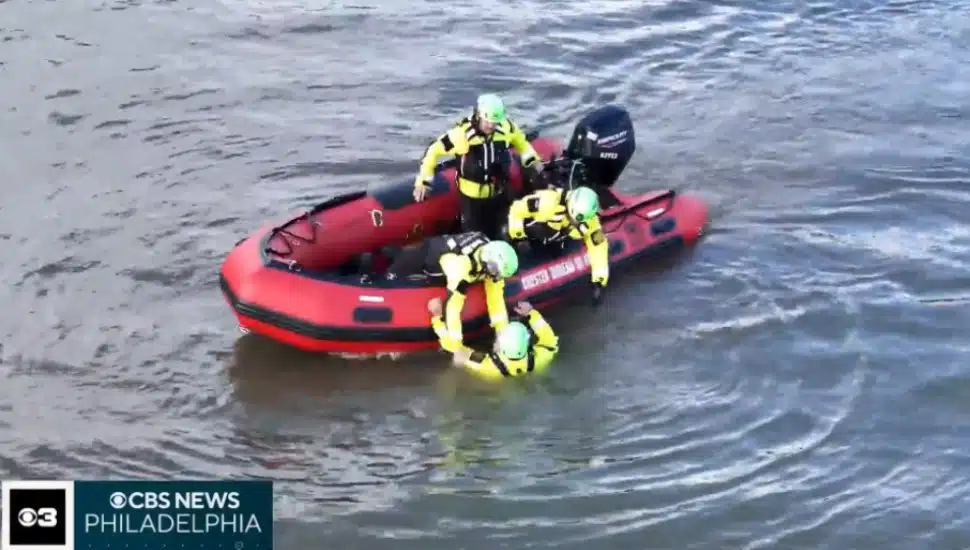 Chester Bureau of Fire firefighters rescue one of their own from the Delaware River in a swift water rescue simulation.