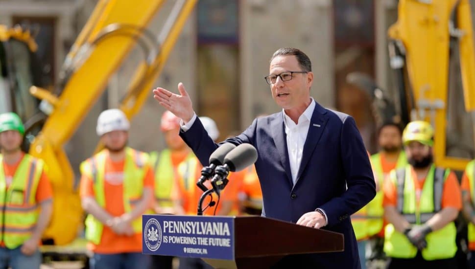 Pennsylvania Gov. Josh Shapiro addresses construction workers.